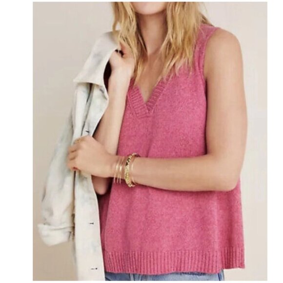 Anthropologie Tank Top Knit Womens Medium Pink V-Neck Sleeveless Cotton Blend - Picture 7 of 9